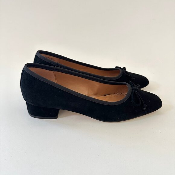 Talbots Womens Black Velvet Ballet Heels Size 7.5 Block Heel Pumps Bow Suede - Picture 3 of 11